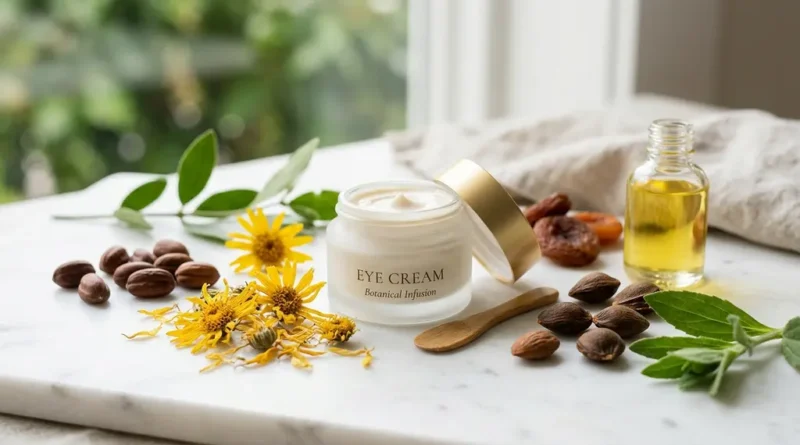 Eyevage eye cream by Solvaderm on marble surface with jojoba seeds and botanical skincare ingredients