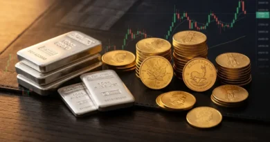 Gold coins and silver bars representing precious metals IRA investment for retirement planning