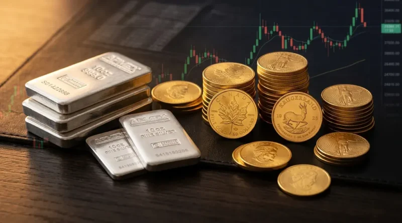 Gold coins and silver bars representing precious metals IRA investment for retirement planning