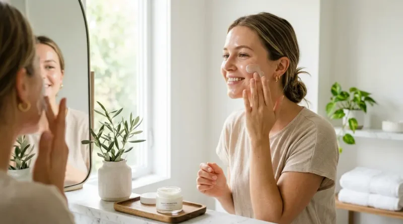Woman with radiant glowing skin applying skincare moisturizer in natural morning light