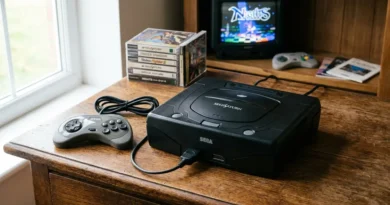 Sega Saturn console and controller on a wooden desk representing retro gaming emulation guide