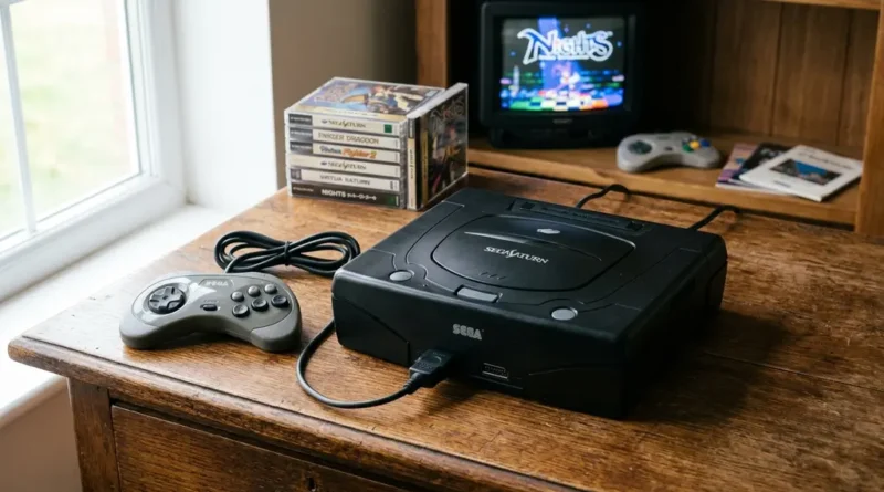 Sega Saturn console and controller on a wooden desk representing retro gaming emulation guide