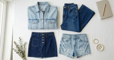 Zara denim spring collection pieces including shacket, flare jeans, denim skirt and shorts laid out on white background