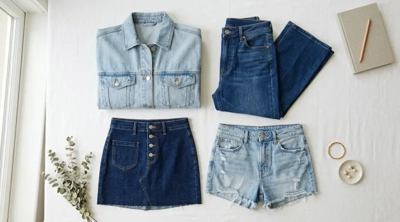 Zara denim spring collection pieces including shacket, flare jeans, denim skirt and shorts laid out on white background