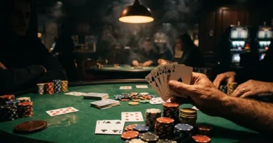 Dramatic casino poker table with cards and chips on green felt under warm cinematic lighting
