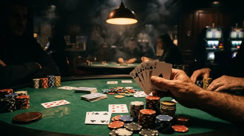 Dramatic casino poker table with cards and chips on green felt under warm cinematic lighting