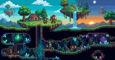 Colorful 2D sandbox game landscape with floating islands and underground caves representing games like Terraria
