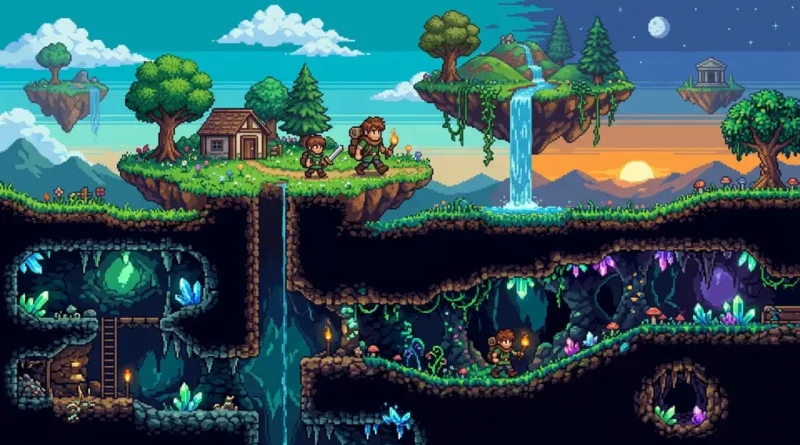 Colorful 2D sandbox game landscape with floating islands and underground caves representing games like Terraria
