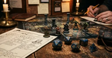 Polyhedral D&D dice set with D20, character sheet, and miniature figurines on a tabletop RPG gaming table