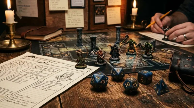 Polyhedral D&D dice set with D20, character sheet, and miniature figurines on a tabletop RPG gaming table