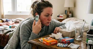 Person checking temperature with thermometer surrounded by cold medicine and tissues on table