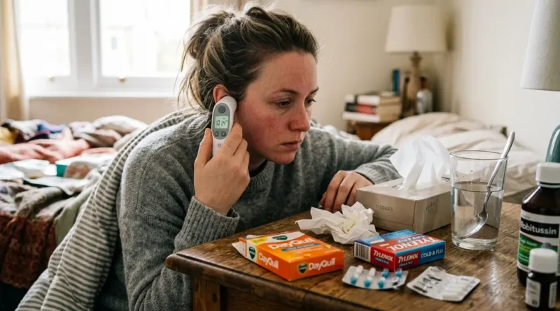 Person checking temperature with thermometer surrounded by cold medicine and tissues on table