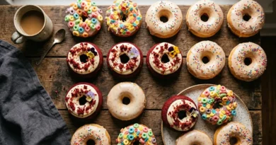 Homemade donut recipes — colorful assortment of glazed, red velvet, and fruity cereal donuts on wooden table