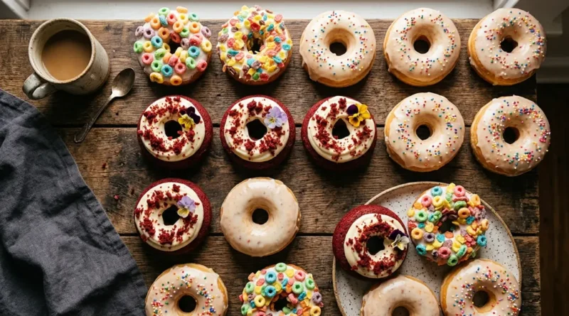 Homemade donut recipes — colorful assortment of glazed, red velvet, and fruity cereal donuts on wooden table