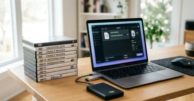 Stack of DVDs next to a laptop showing video conversion software, representing DVD to MP4 conversion tools