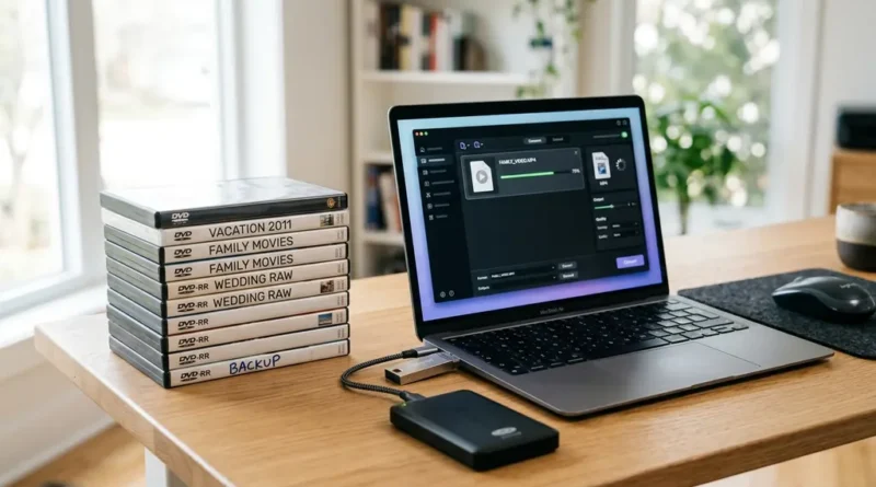 Stack of DVDs next to a laptop showing video conversion software, representing DVD to MP4 conversion tools