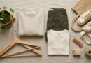 Flat lay of sustainable eco-friendly clothing items including organic cotton pieces with wooden hangers and a small plant
