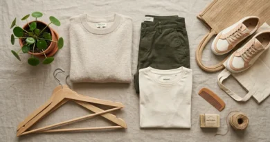 Flat lay of sustainable eco-friendly clothing items including organic cotton pieces with wooden hangers and a small plant