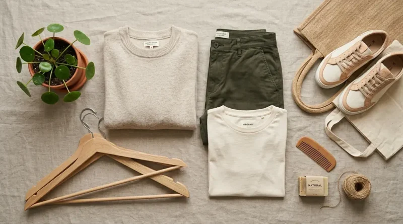 Flat lay of sustainable eco-friendly clothing items including organic cotton pieces with wooden hangers and a small plant