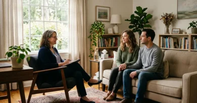Couple in an EFT couples therapy session with a therapist in a warm, well-lit counselling office