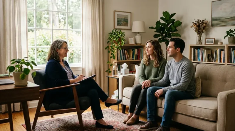 Couple in an EFT couples therapy session with a therapist in a warm, well-lit counselling office