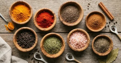Colorful assortment of essential food spices in wooden bowls on rustic table including turmeric and paprika