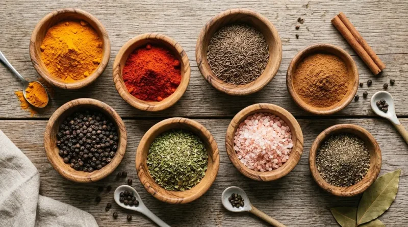 Colorful assortment of essential food spices in wooden bowls on rustic table including turmeric and paprika