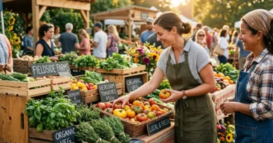 Chef selecting fresh heirloom vegetables at a local farmers market, illustrating the farm-to-table movement