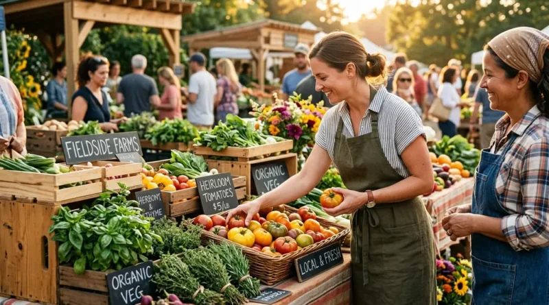 Chef selecting fresh heirloom vegetables at a local farmers market, illustrating the farm-to-table movement