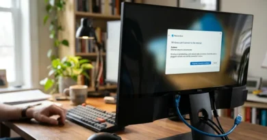Windows computer showing Ethernet network error with ethernet cable connected, home office background