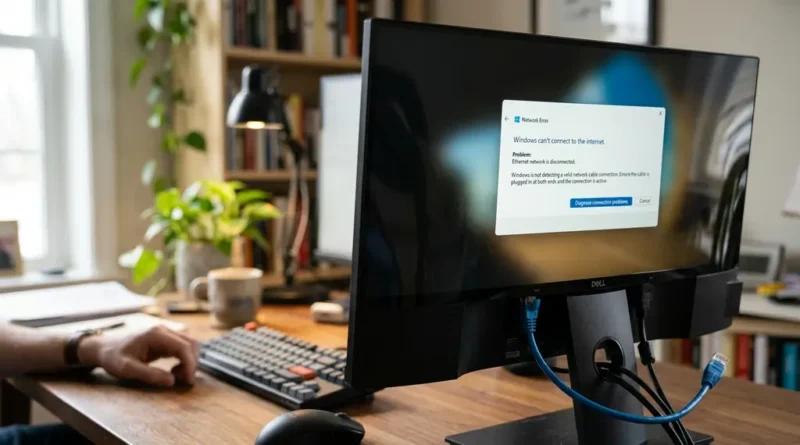 Windows computer showing Ethernet network error with ethernet cable connected, home office background