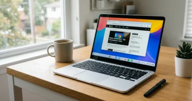 Google Chromebook laptop open on a clean desk showing Chrome OS interface, illustrating its lightweight design