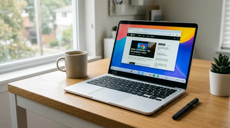 Google Chromebook laptop open on a clean desk showing Chrome OS interface, illustrating its lightweight design