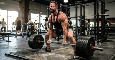 Greg Doucette workout routine — bodybuilder performing sumo deadlift in gym with dramatic lighting