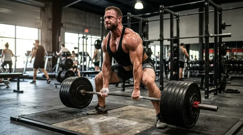 Greg Doucette workout routine — bodybuilder performing sumo deadlift in gym with dramatic lighting