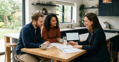 Young couple reviewing home loan documents with mortgage advisor at modern kitchen table