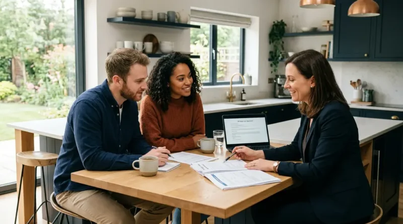 Young couple reviewing home loan documents with mortgage advisor at modern kitchen table