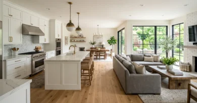 Home renovation ideas: open-plan kitchen with white cabinets, quartz countertops, and hardwood floors in a bright space