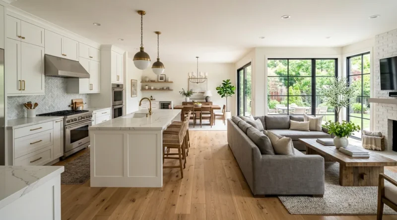 Home renovation ideas: open-plan kitchen with white cabinets, quartz countertops, and hardwood floors in a bright space