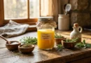 Pure golden ghee stored in a glass jar on a wooden kitchen counter with warm sunlight and fresh herbs