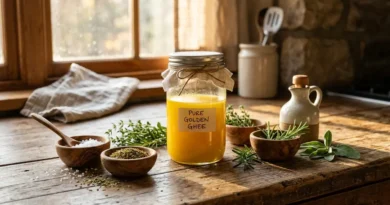 Pure golden ghee stored in a glass jar on a wooden kitchen counter with warm sunlight and fresh herbs