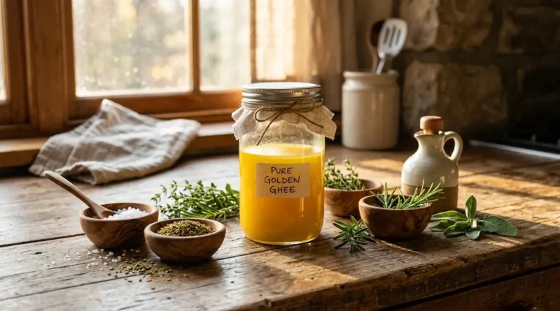 Pure golden ghee stored in a glass jar on a wooden kitchen counter with warm sunlight and fresh herbs
