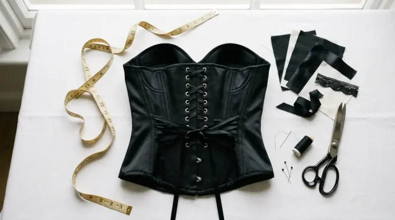 Well-tailored black corset displayed with measuring tape showing how to choose the right corset for your body type