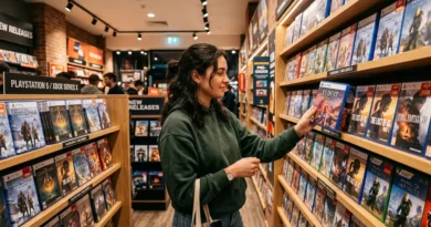 Person browsing video game cases in a gaming store with colorful game titles on shelves in the background