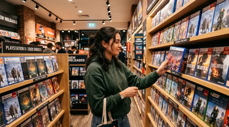 Person browsing video game cases in a gaming store with colorful game titles on shelves in the background