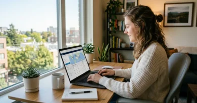 Person searching for cheap flights on a laptop with flight comparison website visible on screen in a bright home setting