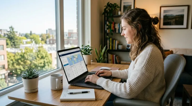 Person searching for cheap flights on a laptop with flight comparison website visible on screen in a bright home setting