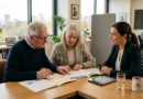 Life insurance for seniors — elderly couple reviewing insurance documents with a financial advisor in an office