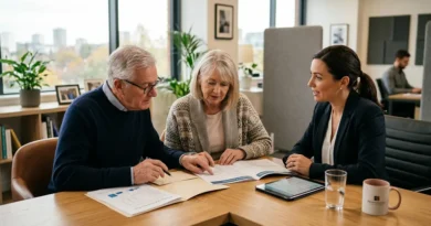 Life insurance for seniors — elderly couple reviewing insurance documents with a financial advisor in an office
