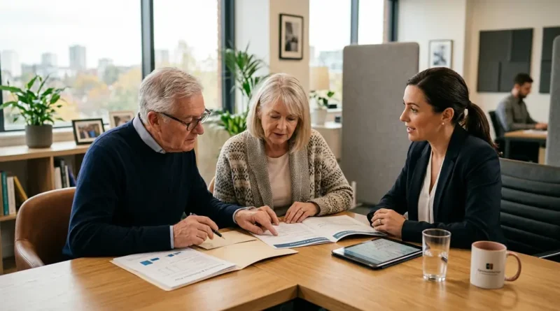 Life insurance for seniors — elderly couple reviewing insurance documents with a financial advisor in an office